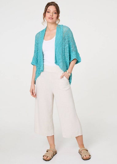 Izabel London Turquoise Crochet Knit Texture Waterfall Cardigan