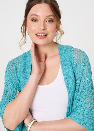 Izabel London Turquoise Crochet Knit Texture Waterfall Cardigan