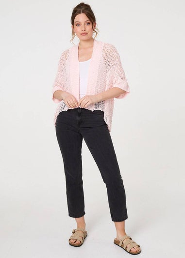 Izabel London Pink Crochet Knit Texture Waterfall Cardigan