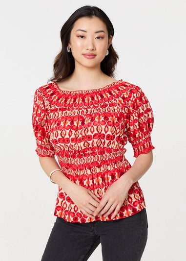 Izabel London Red Printed Shirred 1/2 Sleeve Bardot Top