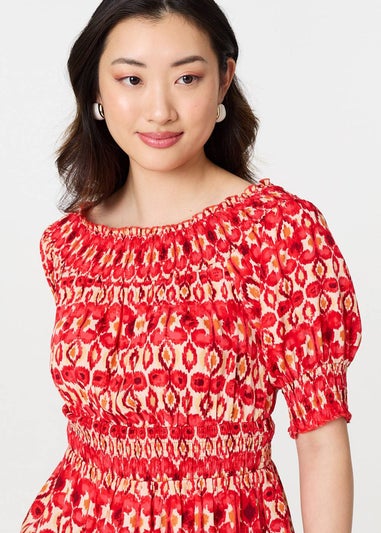Izabel London Red Printed Shirred 1/2 Sleeve Bardot Top