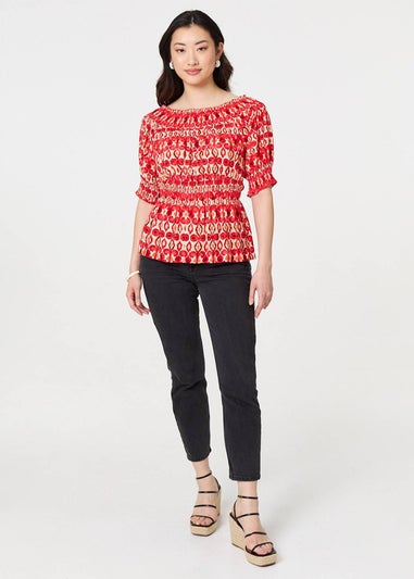 Izabel London Red Printed Shirred 1/2 Sleeve Bardot Top