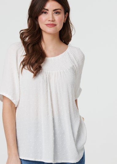 Izabel London White Textured Semi Sheer Shirred Bardot Top