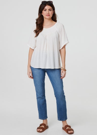 Izabel London White Textured Semi Sheer Shirred Bardot Top