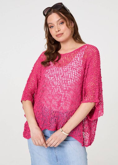 Izabel London Pink Crochet Knit Texture Batwing Sleeve Top