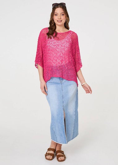 Izabel London Pink Crochet Knit Texture Batwing Sleeve Top