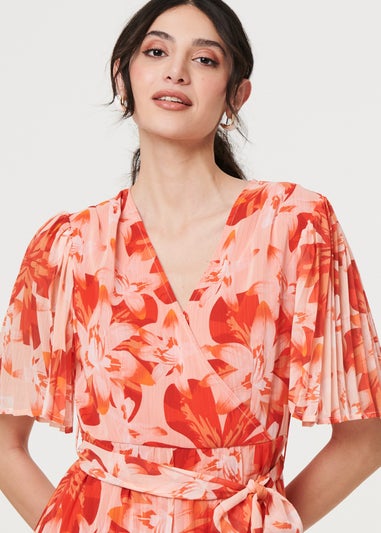 Izabel London Orange Floral Pleated Angel Sleeve Mini Dress