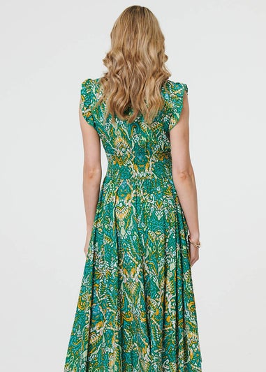 Izabel London Green Leaf Print Frilled Sleeveless Midi Dress