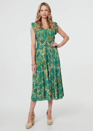 Izabel London Green Leaf Print Frilled Sleeveless Midi Dress