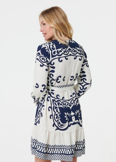 Izabel London Blue Border Print Tie Waist Short Shirt Dress