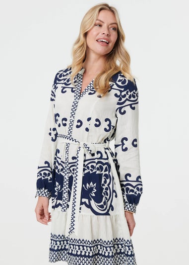 Izabel London Blue Border Print Tie Waist Short Shirt Dress
