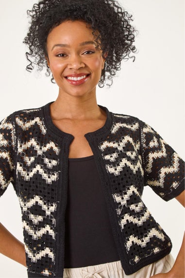 Roman Black Petite Chevron Open Crochet Cardigan