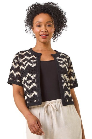 Roman Black Petite Chevron Open Crochet Cardigan