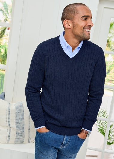 Cotton Traders Dark Blue Cotton V-Neck Cable Jumper