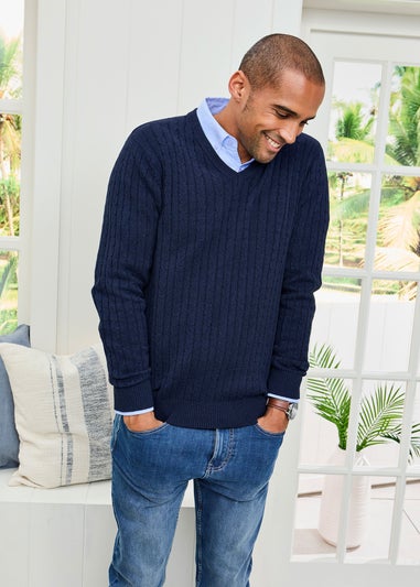 Cotton Traders Dark Blue Cotton V-Neck Cable Jumper