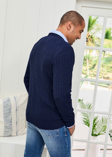 Cotton Traders Dark Blue Cotton V-Neck Cable Jumper