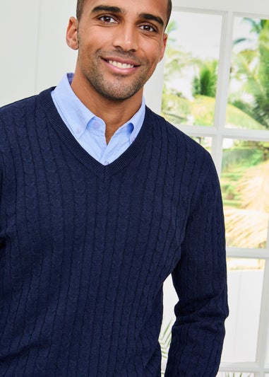 Cotton Traders Dark Blue Cotton V-Neck Cable Jumper