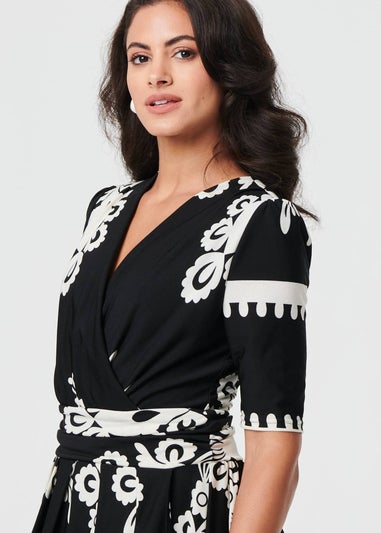 Izabel London Black Ikat Print 1/2 Sleeve Wrap Midi Dress