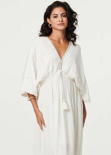 Izabel London Cream Textured V-Neck Empire Kaftan Maxi Dress