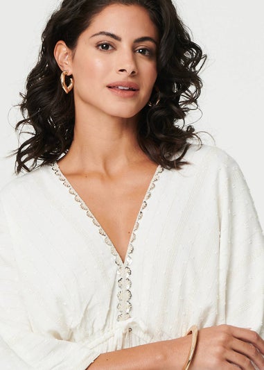 Izabel London Cream Textured V-Neck Empire Kaftan Maxi Dress
