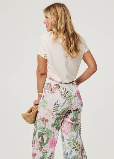 Izabel London White Floral Stretchy High Waist Crop Trousers