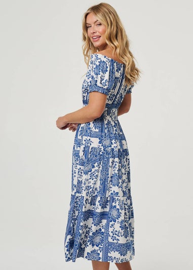 Izabel London Navy Floral Puff Sleeve Midi Bardot Dress