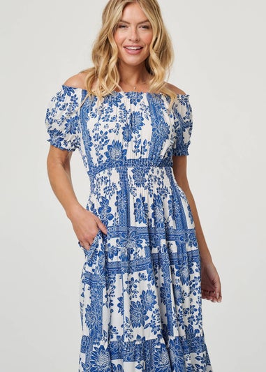 Izabel London Navy Floral Puff Sleeve Midi Bardot Dress