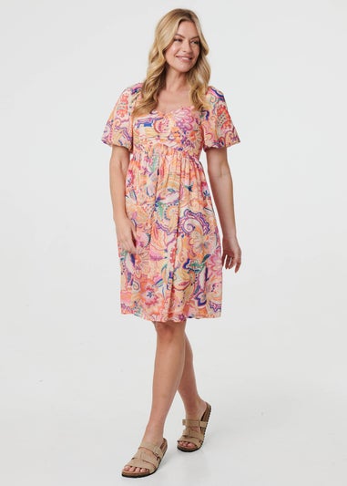 Izabel London Orange Abstract Ruched Empire Knee Length Dress