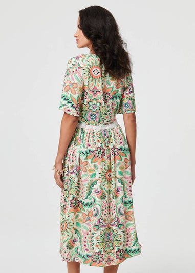 Izabel London Green Printed 1/2 Flared Sleeve Midi Dress