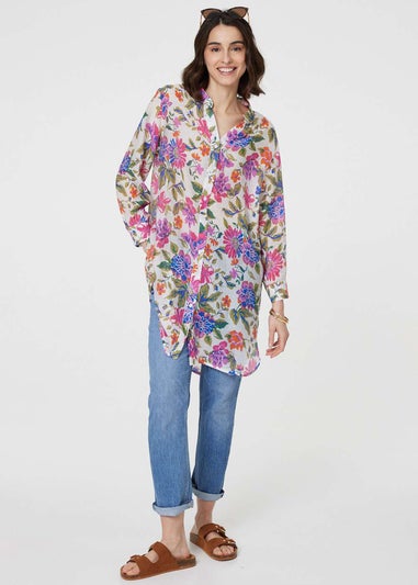 Izabel London Pink Floral Long Sleeve Longline Blouse