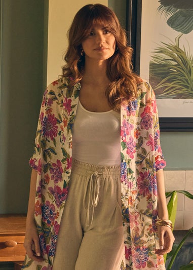 Izabel London Pink Floral Long Sleeve Longline Blouse