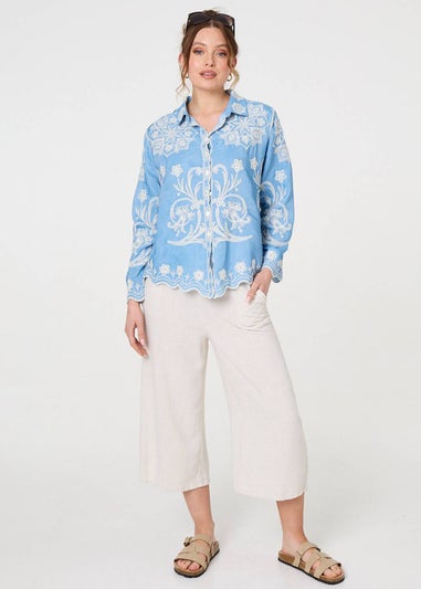 Izabel London Blue Embroidered Texture Scalloped Hem Shirt