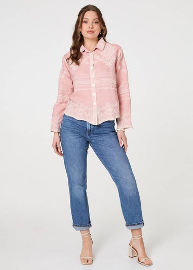Izabel London Pink Embroidered Texture Long Sleeve Shirt