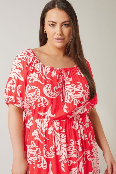 Evans Curve Red Abstract Print Tiered Midi Dress
