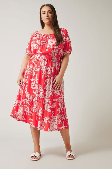 Evans Curve Red Abstract Print Tiered Midi Dress