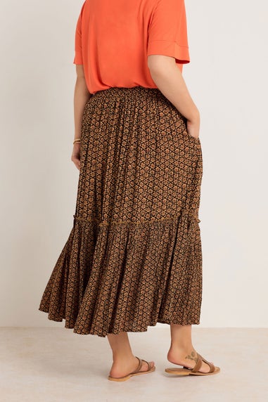 Evans Curve Orange Floral Print Tiered Crinkle Midi Skirt