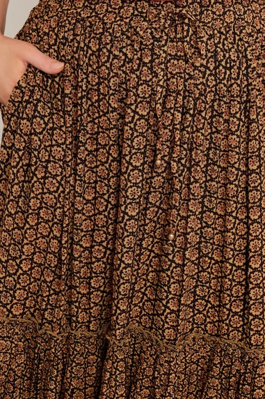 Evans Curve Orange Floral Print Tiered Crinkle Midi Skirt