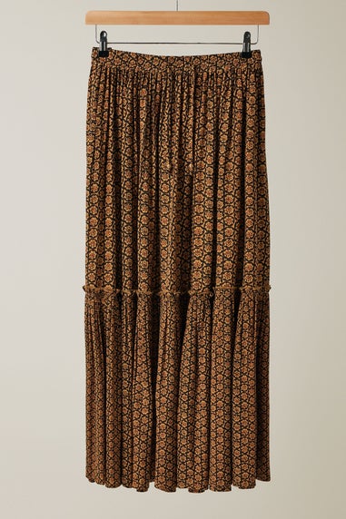 Evans Curve Orange Floral Print Tiered Crinkle Midi Skirt