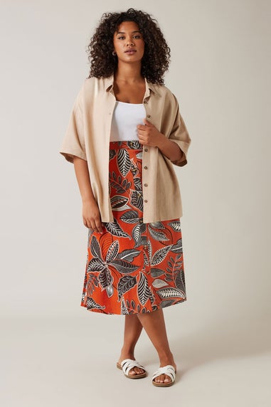 Evans Curve Rust Orange Leaf Print Linen Midi Skirt