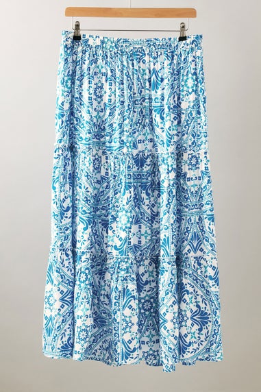 Evans Curve Blue Tile Print Tiered Maxi Skirt