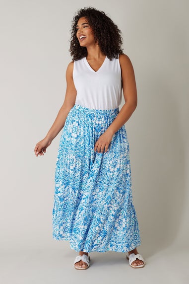 Evans Curve Blue Tile Print Tiered Maxi Skirt