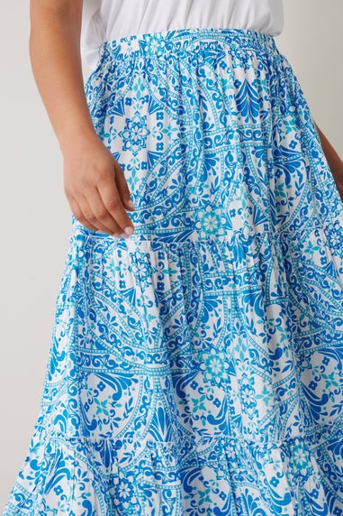 Evans Curve Blue Tile Print Tiered Maxi Skirt