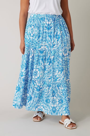 Evans Curve Blue Tile Print Tiered Maxi Skirt