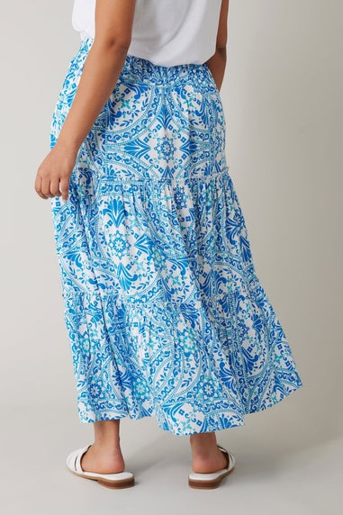 Evans Curve Blue Tile Print Tiered Maxi Skirt