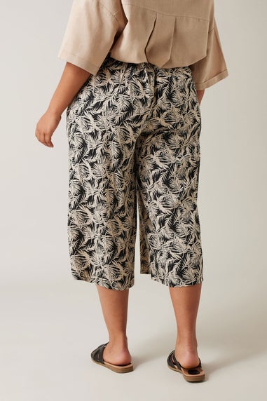 Evans Curve Natural Brown Leaf Print Linen Culottes