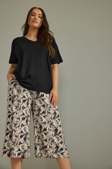 Evans Curve Natural Brown Leaf Print Linen Culottes