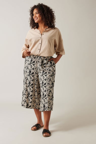 Evans Curve Natural Brown Leaf Print Linen Culottes