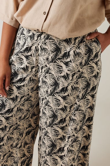 Evans Curve Natural Brown Leaf Print Linen Culottes