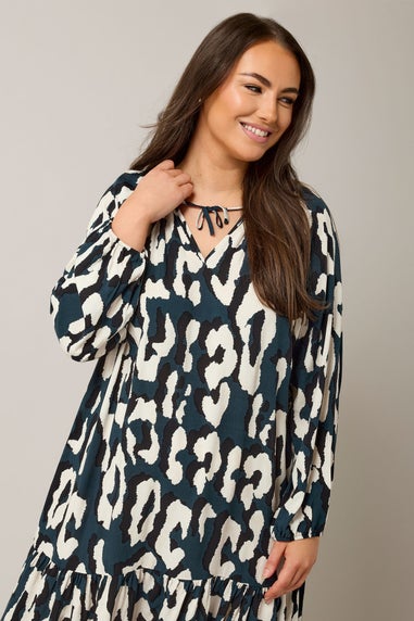 Evans Curve Navy Blue Animal Print Tiered Mini Dress