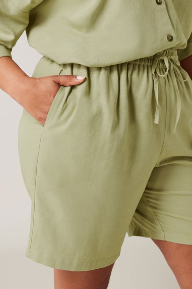Evans Curve Khaki Green Linen Pocket Shorts